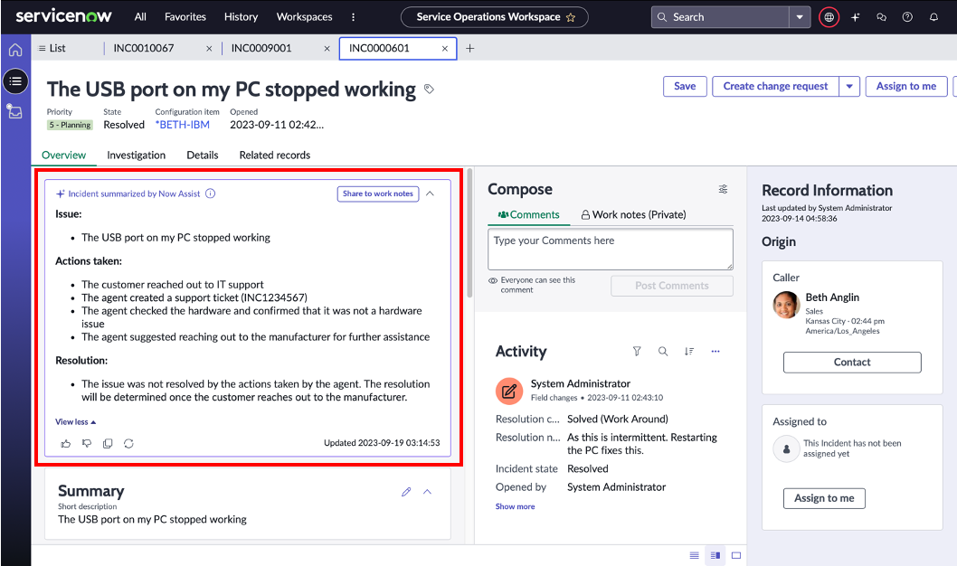 Screenshot of Process summarization in ServiceNow