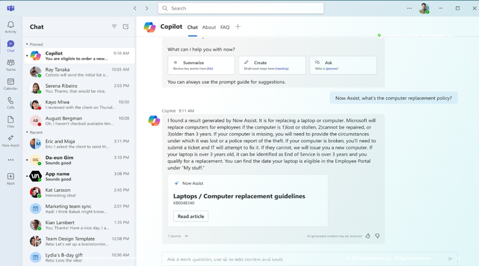 Screenshot of Microsoft Copilot integration in ServiceNow Xanadu