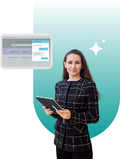Professional female employee with laptop smiling at workplace